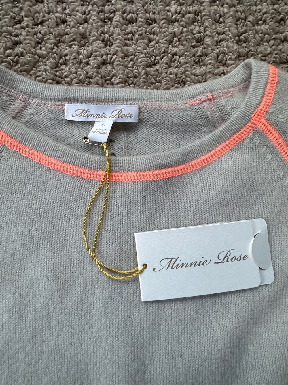 Minnie Rose Cashmere Light Gray Sweater with Coral Piping - Picture 2 of 3